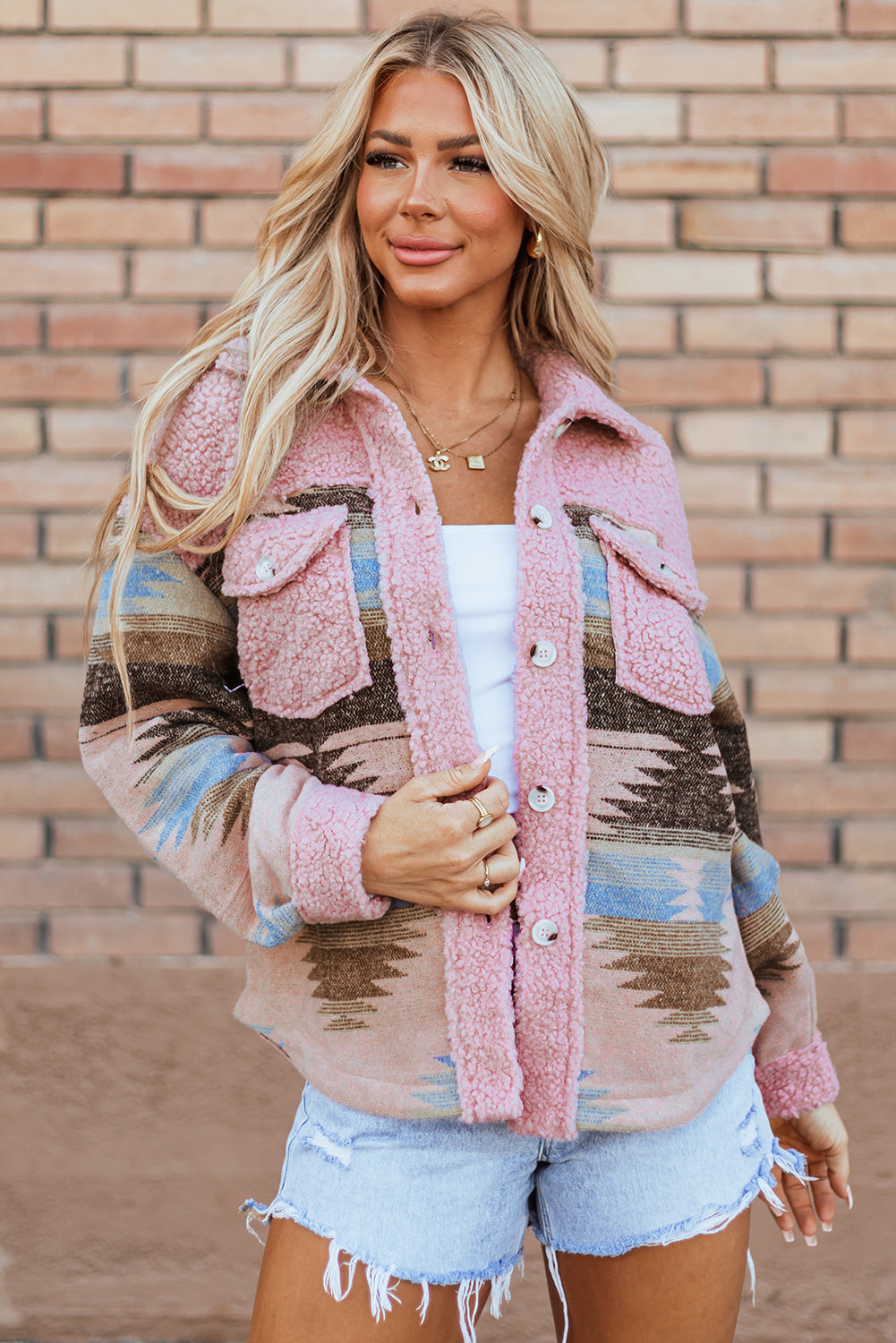 Aztec Print Sherpa Splicing Buttoned Flap Pocket Coat