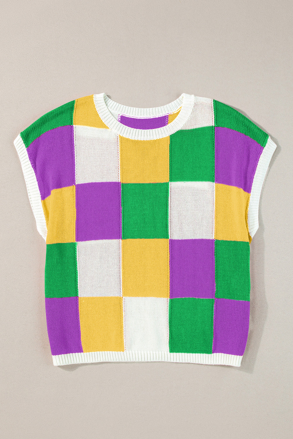 Dark Blue Checkered Color Block Cap Sleeve Knitted Top