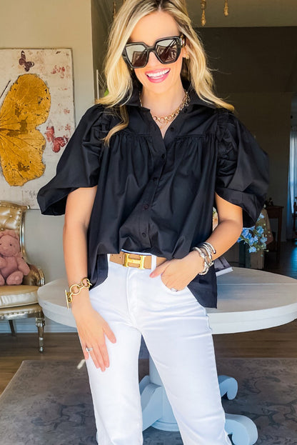 Black Ruched Puff Sleeve Loose Buttoned Up Blouse