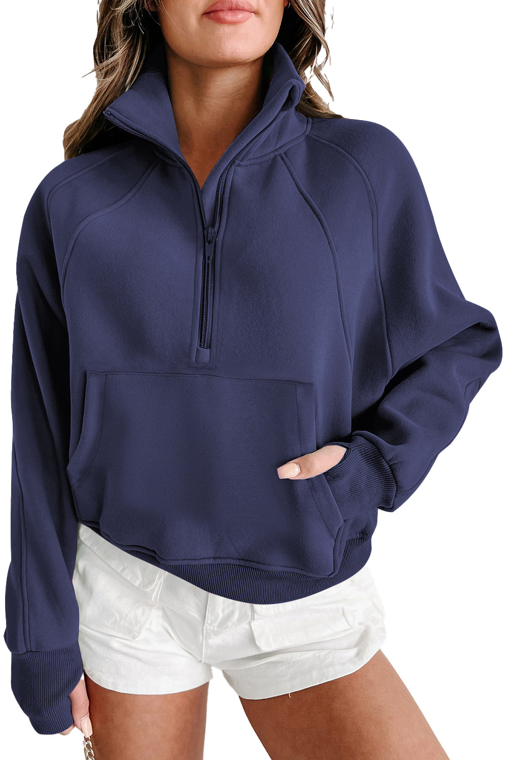 Zip Up Stand Collar Ribbed Thumbhole Sleeve Sweatshirt