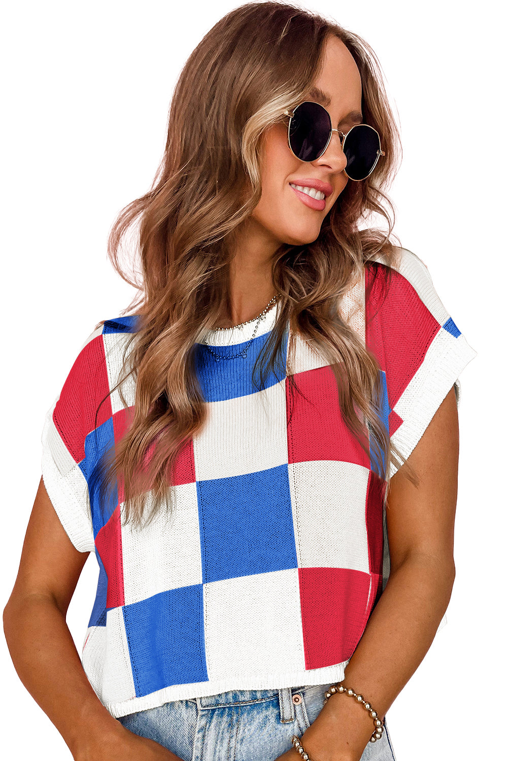 Dark Blue Checkered Color Block Cap Sleeve Knitted Top