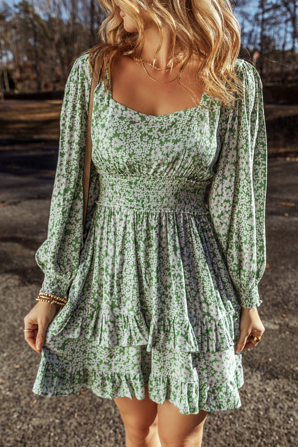 Green Floral Print Square Neck Smocked Waist Tiered Ruffle Mini Dress