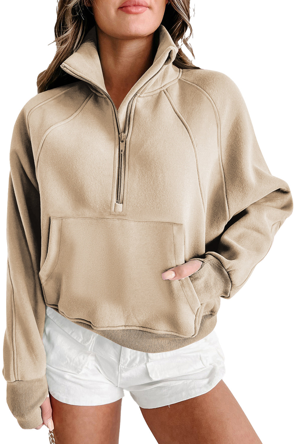 Zip Up Stand Collar Ribbed Thumbhole Sleeve Sweatshirt