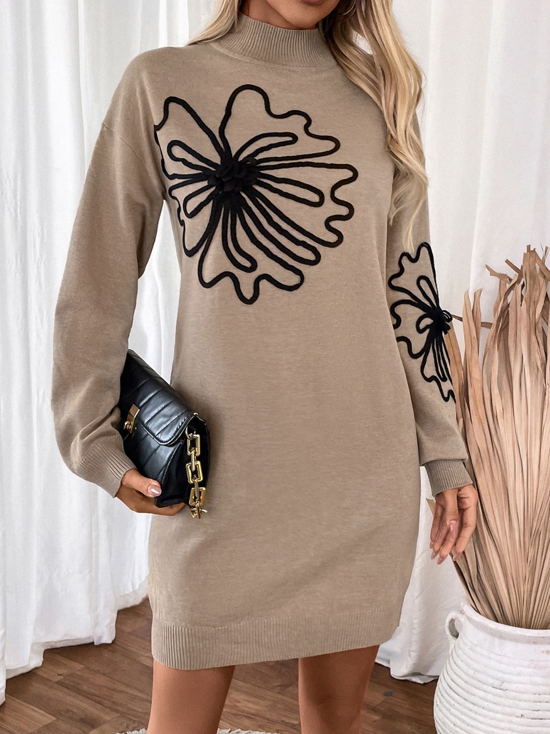 Perfee Flower Mock Neck Long Sleeve Sweater Dress