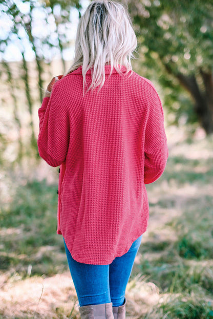 Hot Pink Pocket Buttons Front Waffle Knit Shacket