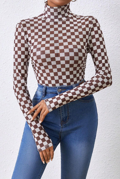 Black Checkered Print Long Sleeve Mock Neck Bodysuit