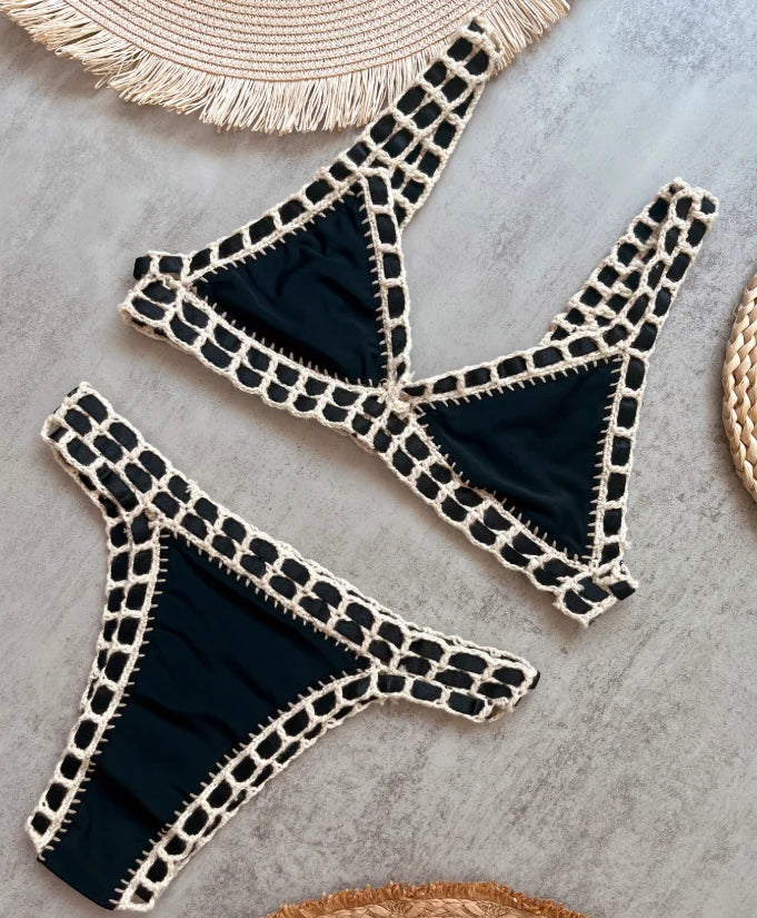 Triangle Top Bandage Swimwear Women Crochet Low Rise Cheeky Bikini