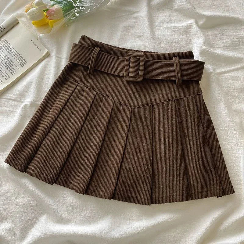 Corduroy Belted Pleated Skirt