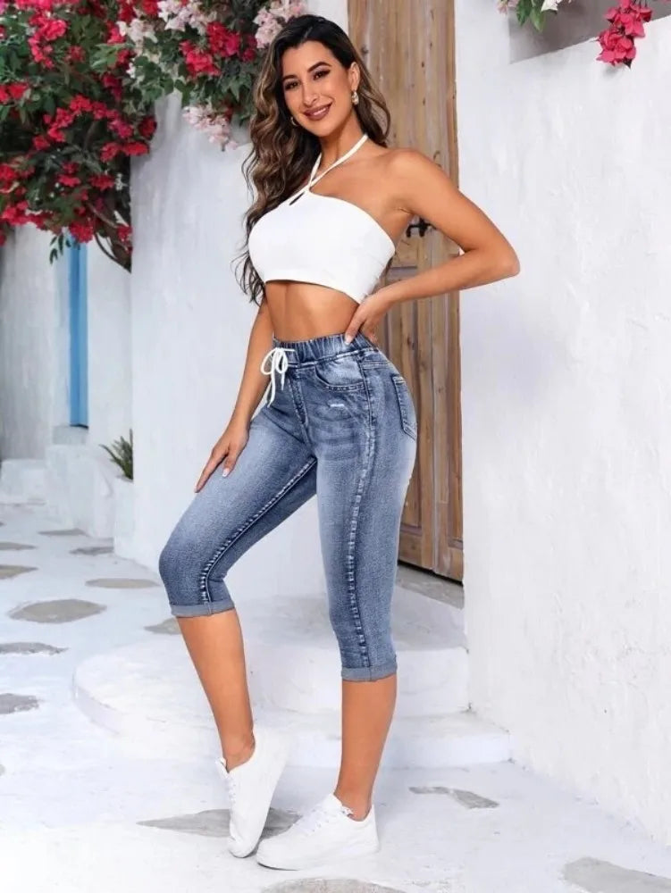 Women's Elastic Waist Jeans Fashion High Stretch