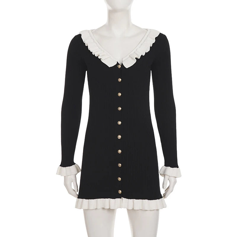 Black Ruffled Knitted Mini Dress