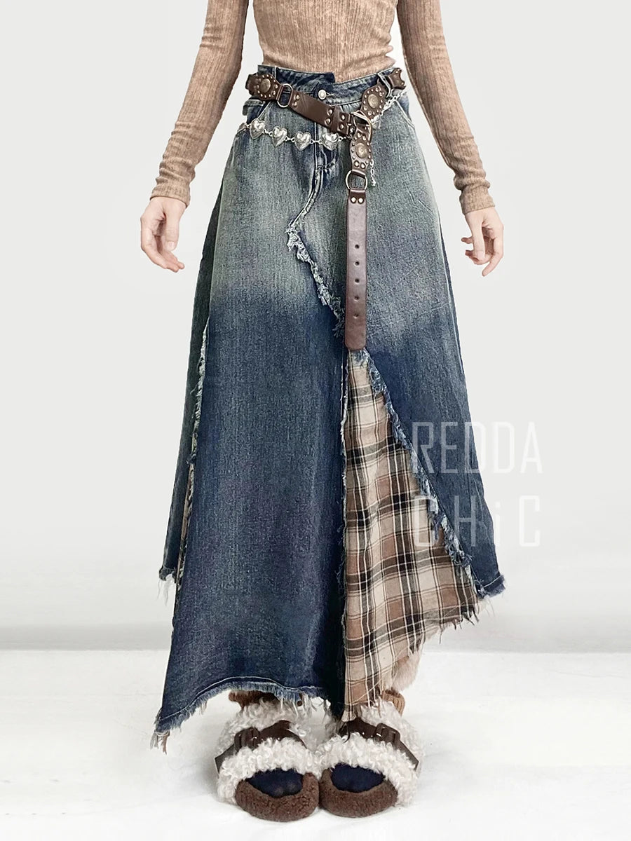 REDDACHiC Irregular Patchwork Plaid Denim Skirt