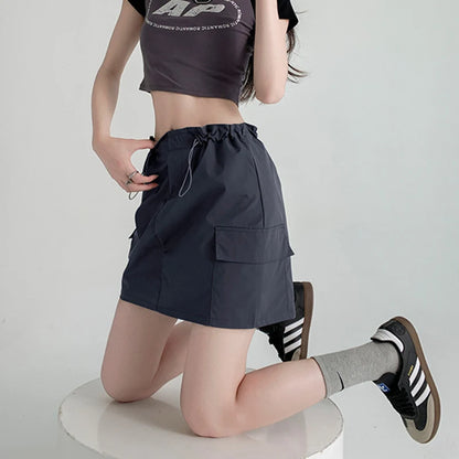 Retro Streetwear Cargo Skirt with High Waist Drawstring Pockets Skirt