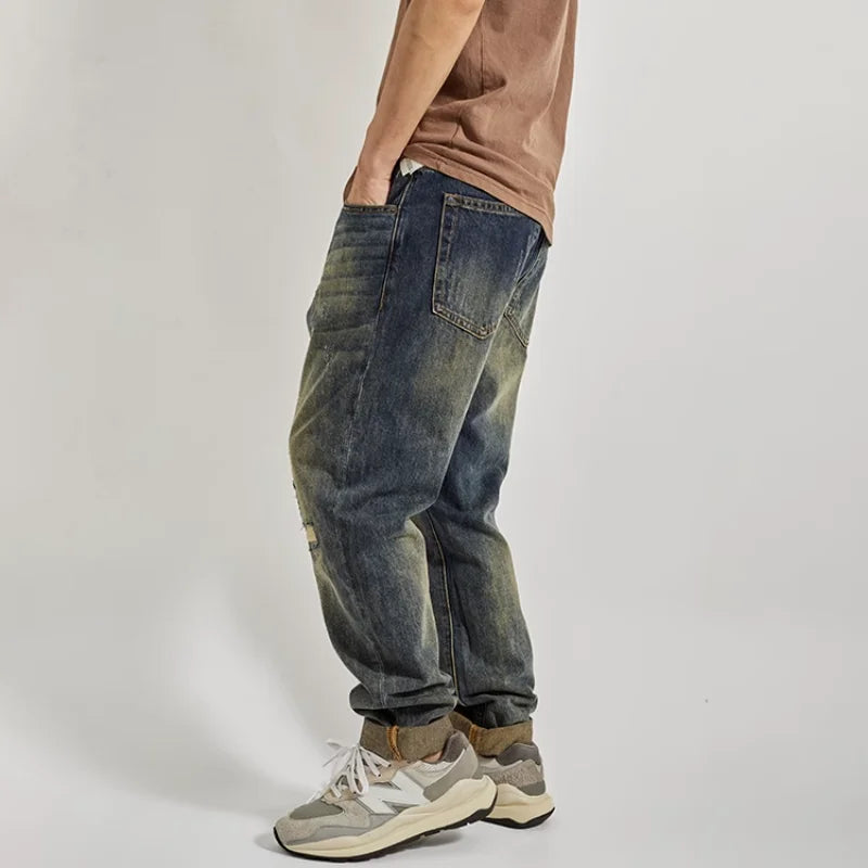 Men's Loose Straight Leg Jeans with Patched Holes and Distressed