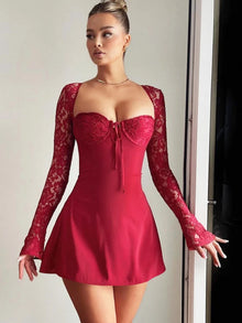 Women's Low Cut Mini Dress with Lace Sleeves