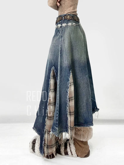 REDDACHiC Irregular Patchwork Plaid Denim Skirt