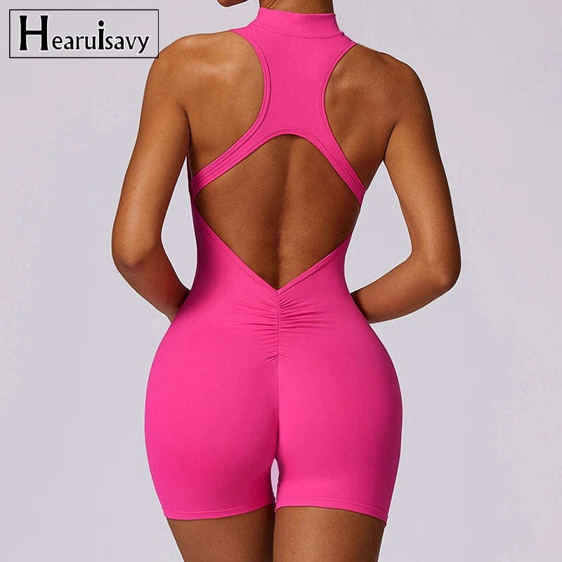 V Back Scrunch Sports Jumpsuit Gym Rompers Zipper Sleeveless