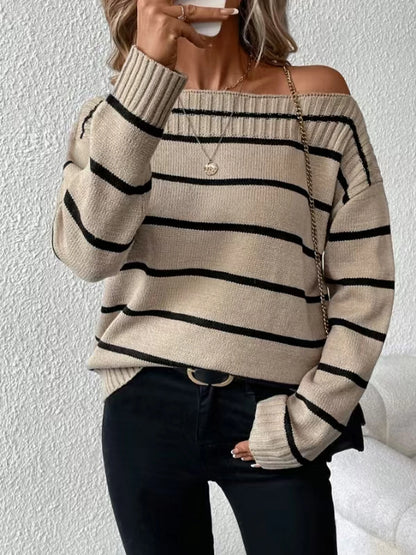 Elegant Off Shoulder Striped Knitted Sweater
