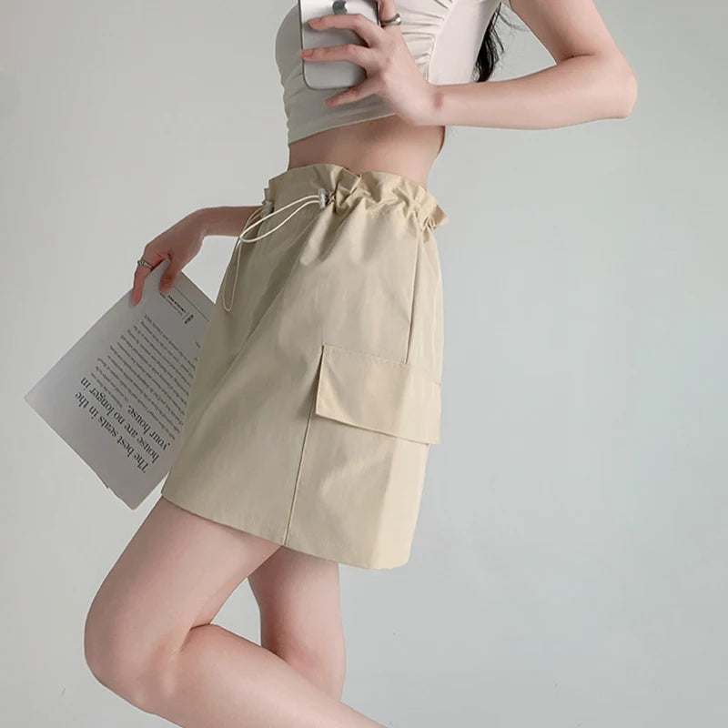 Retro Streetwear Cargo Skirt with High Waist Drawstring Pockets Skirt