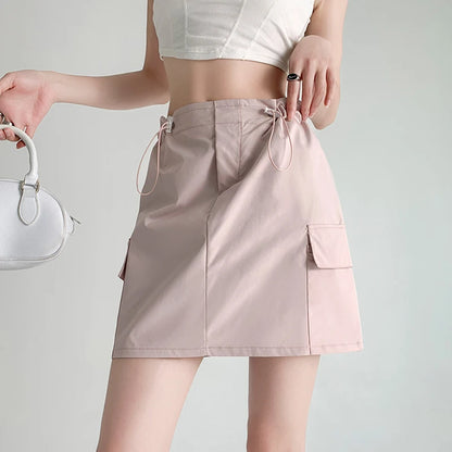 Retro Streetwear Cargo Skirt with High Waist Drawstring Pockets Skirt