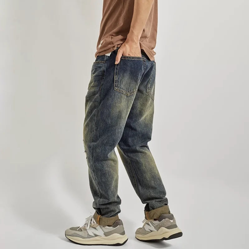 Men's Loose Straight Leg Jeans with Patched Holes and Distressed