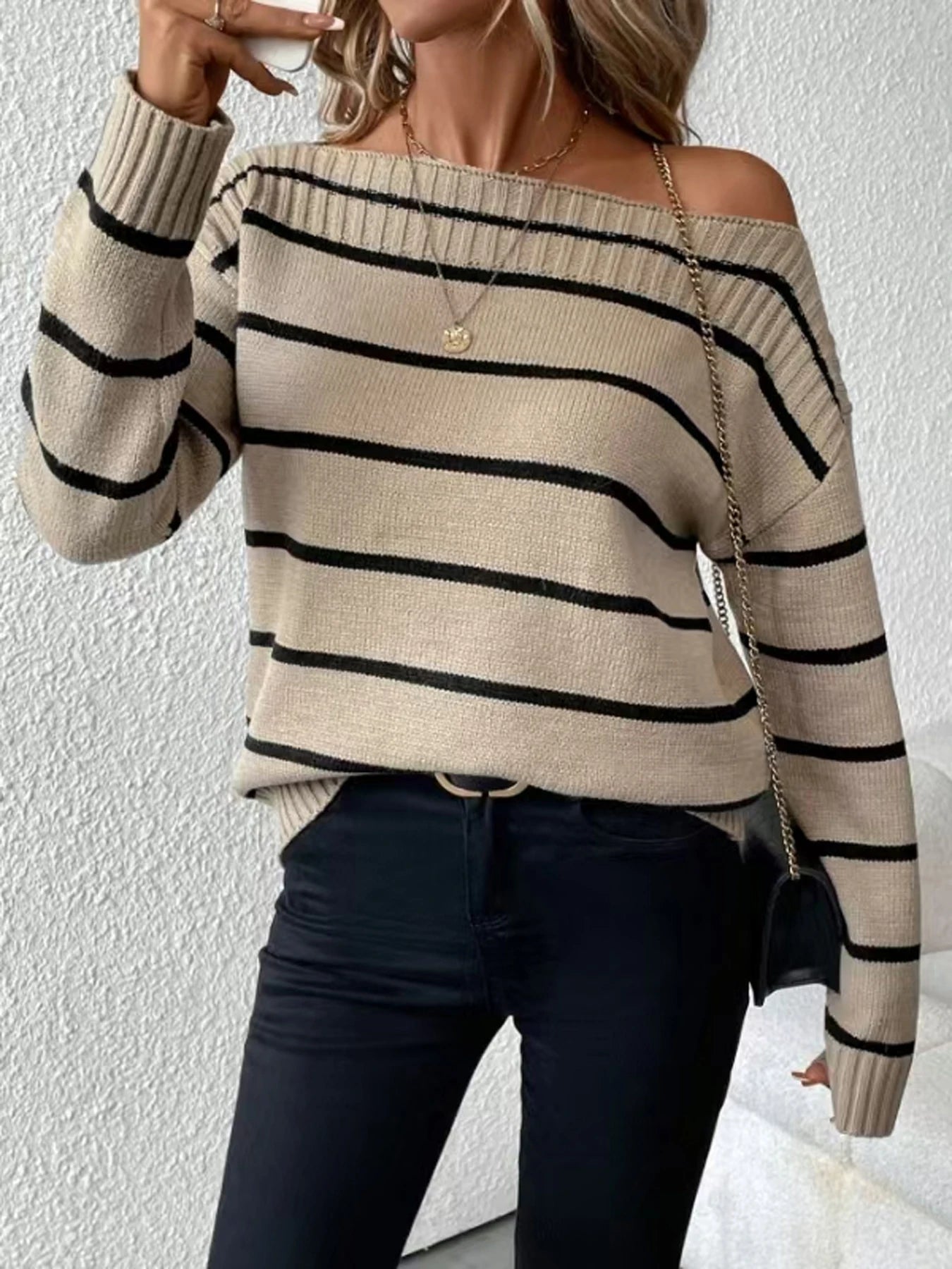 Elegant Off Shoulder Striped Knitted Sweater