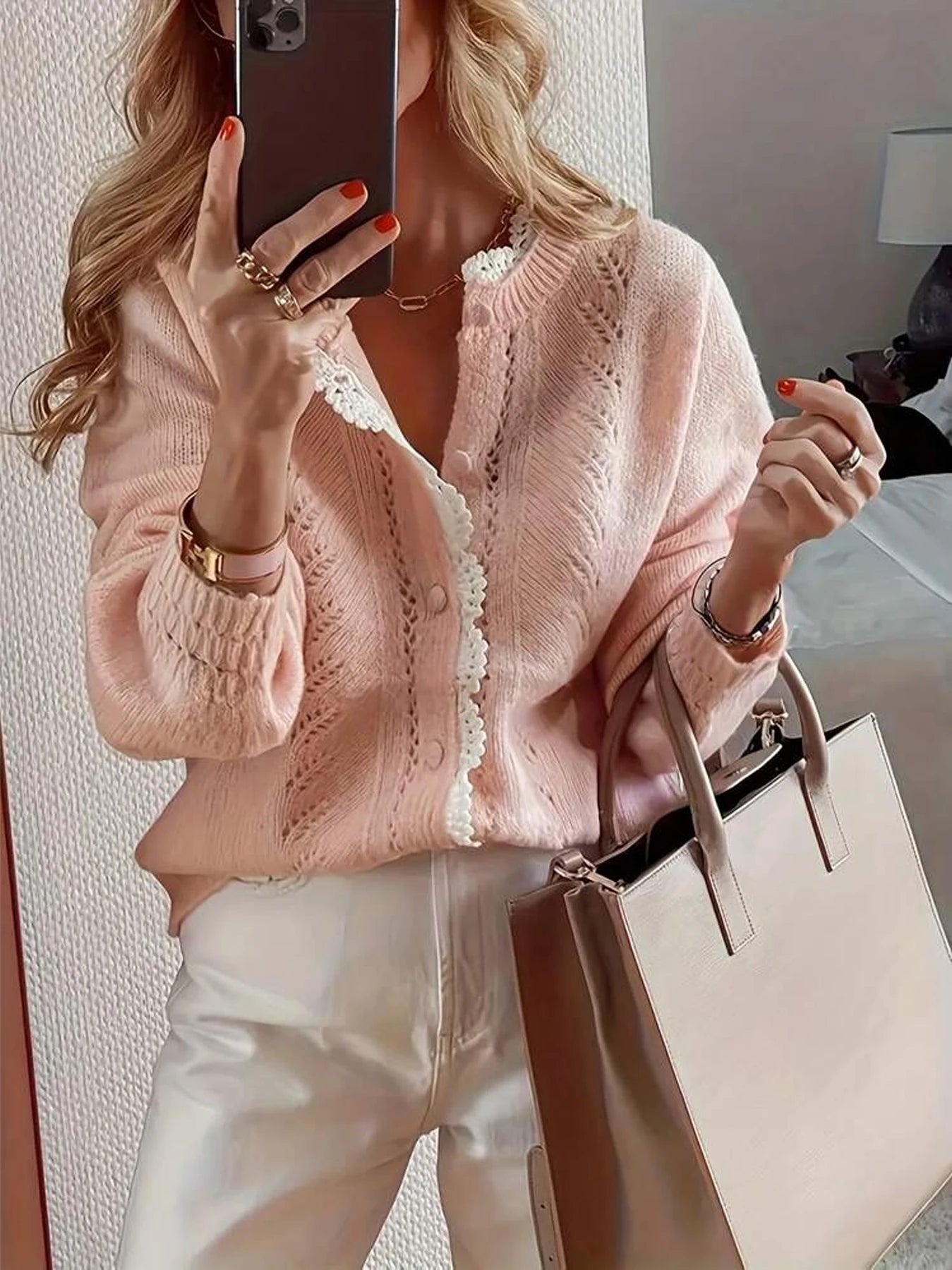 Long Sleeved Lace Patchwork Cardigan Knitted Sweater