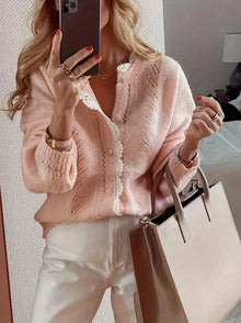 Long Sleeved Lace Patchwork Cardigan Knitted Sweater
