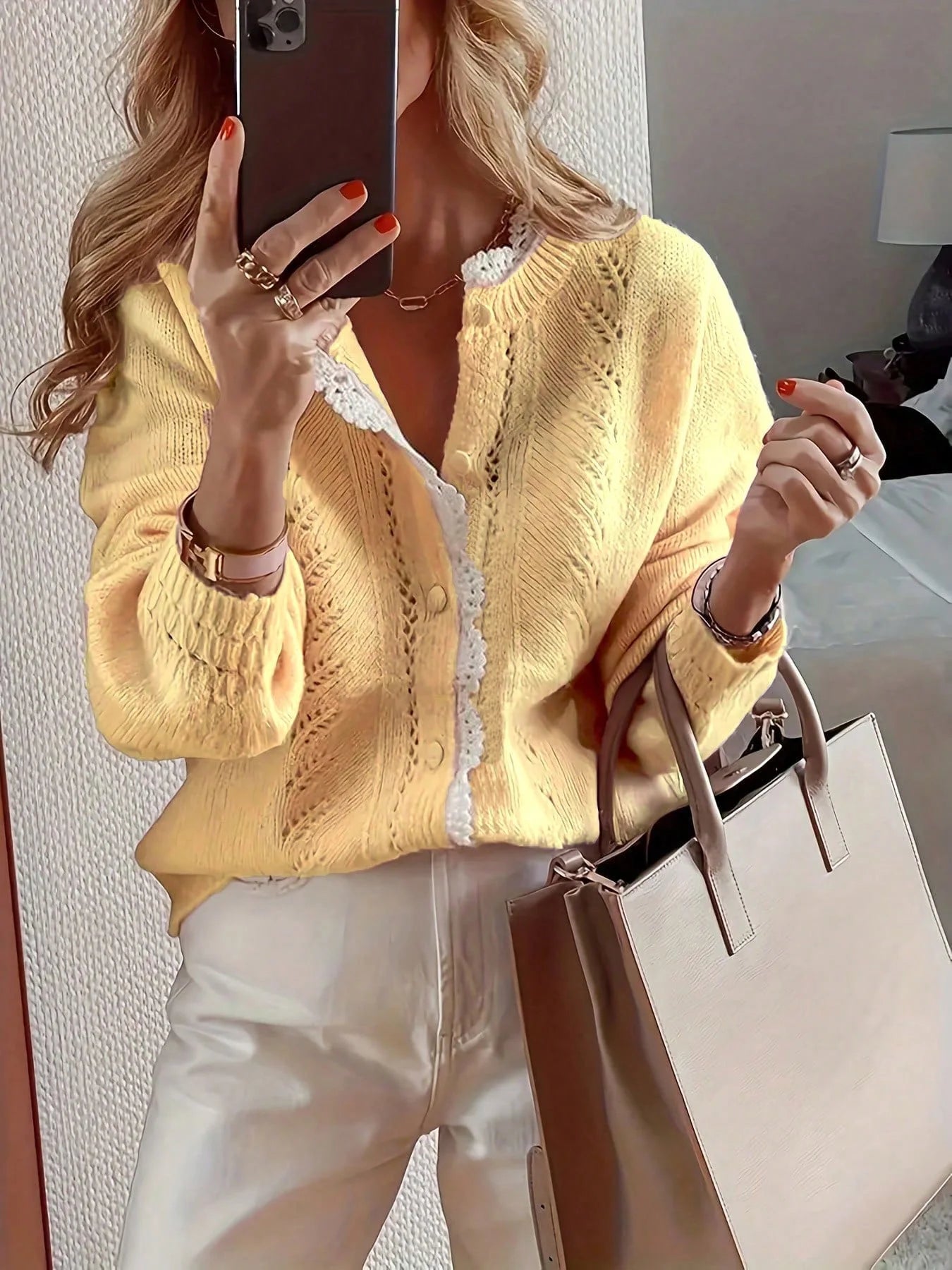 Long Sleeved Lace Patchwork Cardigan Knitted Sweater