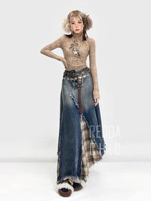 REDDACHiC Irregular Patchwork Plaid Denim Skirt