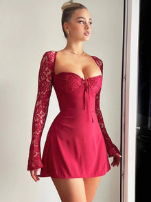 Women's Low Cut Mini Dress with Lace Sleeves