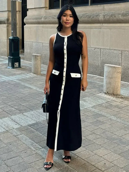 Elegant Sleeveless Knit Ribbed Long Dress