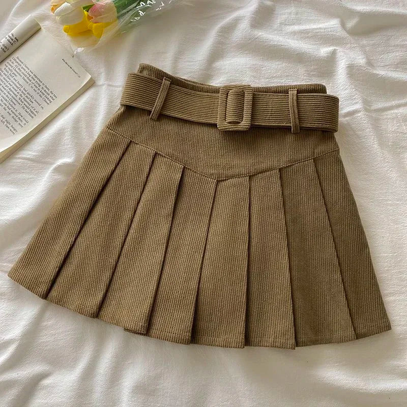 Corduroy Belted Pleated Skirt