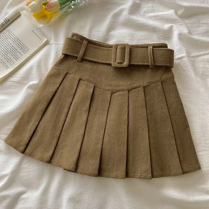 Corduroy Belted Pleated Skirt