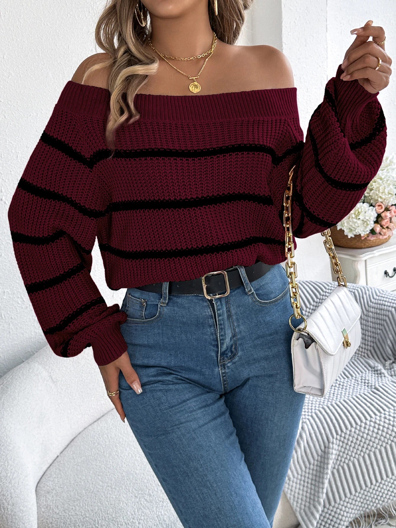 Versatile Striped Long Sleeved Off Shoulder Pullover Sweater