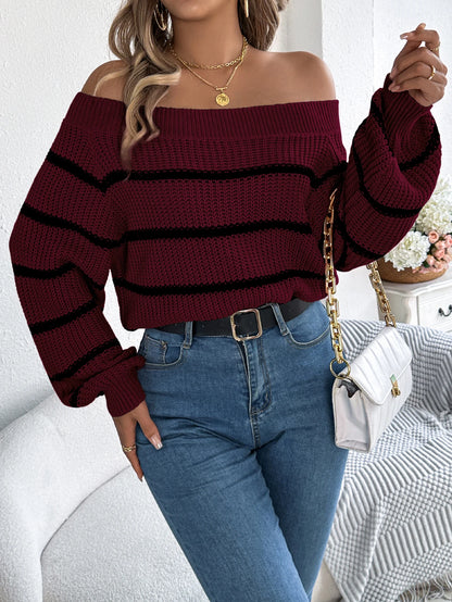 Versatile Striped Long Sleeved Off Shoulder Pullover Sweater