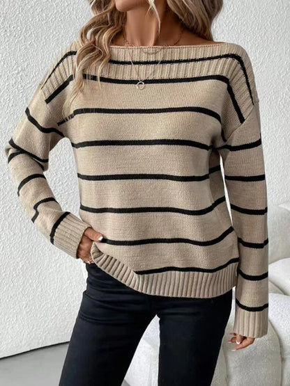 Elegant Off Shoulder Striped Knitted Sweater
