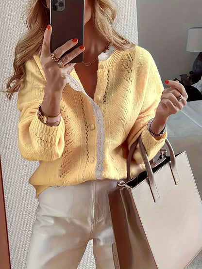 Long Sleeved Lace Patchwork Cardigan Knitted Sweater