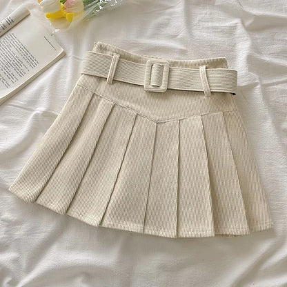 Corduroy Belted Pleated Skirt