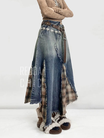REDDACHiC Irregular Patchwork Plaid Denim Skirt