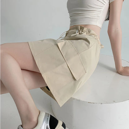 Retro Streetwear Cargo Skirt with High Waist Drawstring Pockets Skirt