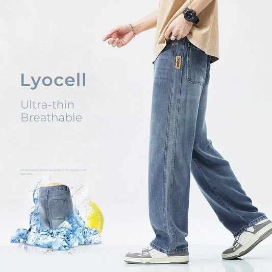 Soft Lyocell Stretch Jeans Men's Loose Wide Leg Pants Elastic