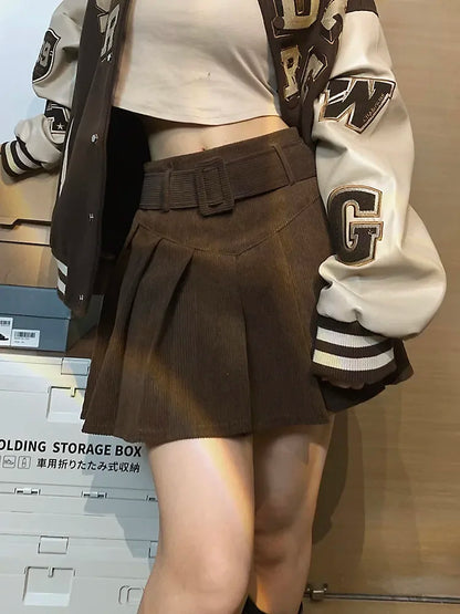 Corduroy Belted Pleated Skirt