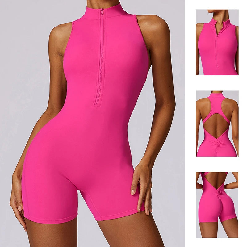 V Back Scrunch Sports Jumpsuit Gym Rompers Zipper Sleeveless