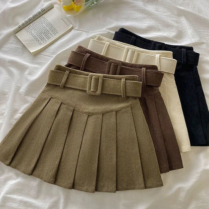 Corduroy Belted Pleated Skirt