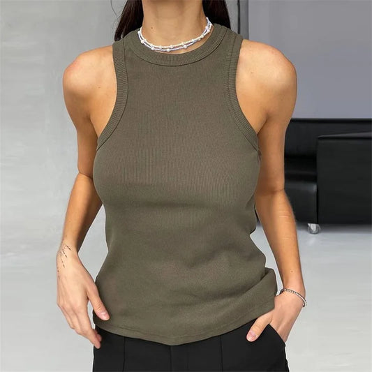 Women Solid Round Sleeveless Camis Neck Ribbed Tank Top Camisole