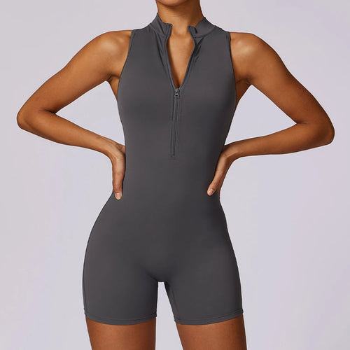 V Back Scrunch Sports Jumpsuit Gym Rompers Zipper Sleeveless