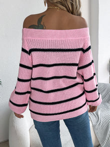 Versatile Striped Long Sleeved Off Shoulder Pullover Sweater
