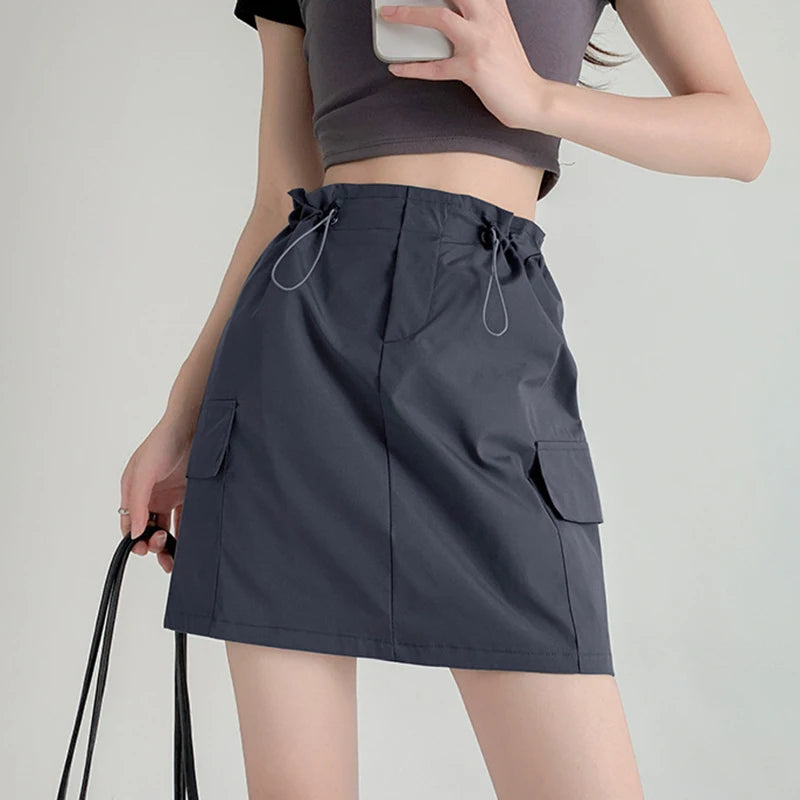 Retro Streetwear Cargo Skirt with High Waist Drawstring Pockets Skirt