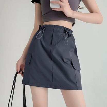 Retro Streetwear Cargo Skirt with High Waist Drawstring Pockets Skirt