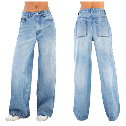 Women's Jeans Wide Leg Pants Denim Pockets Streetwear Loose High Waist